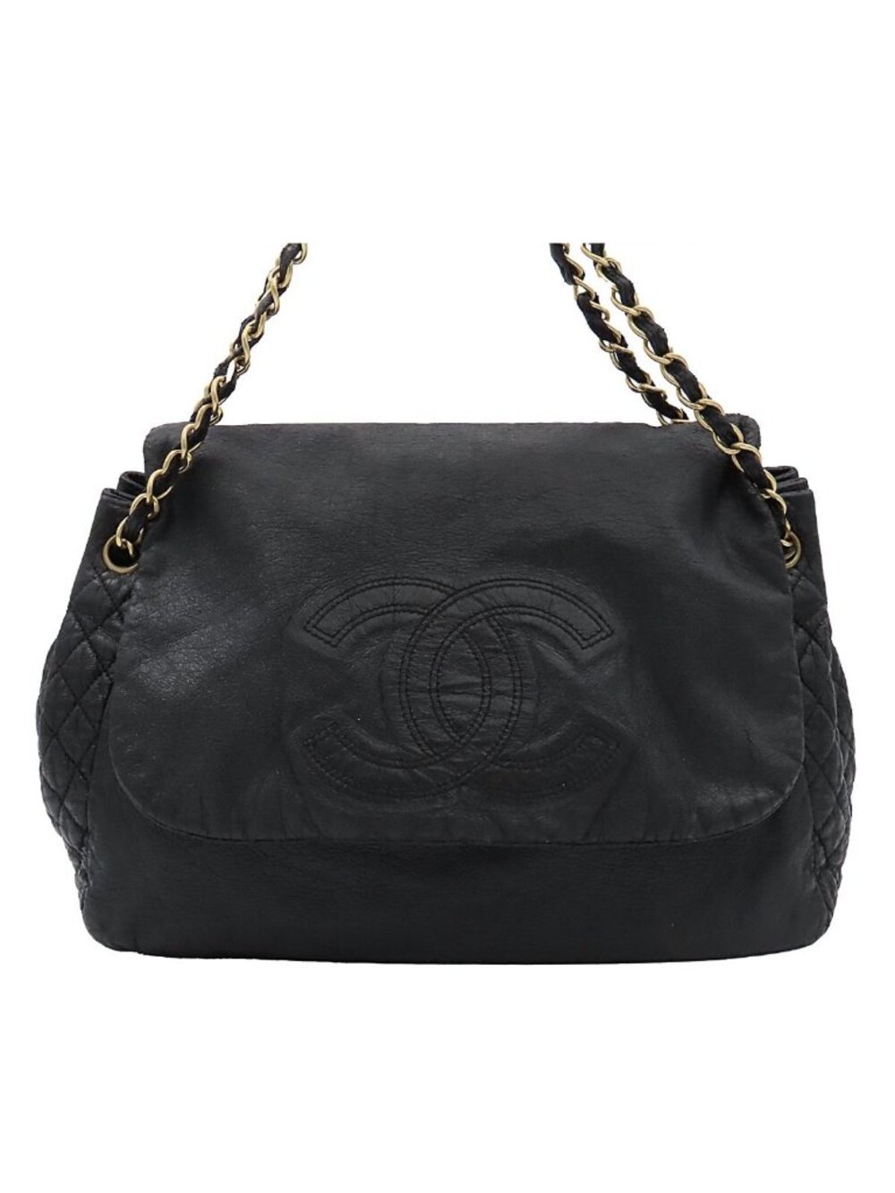 Chanel Chain Shoulder Bag CC Logo Black Gold Leather